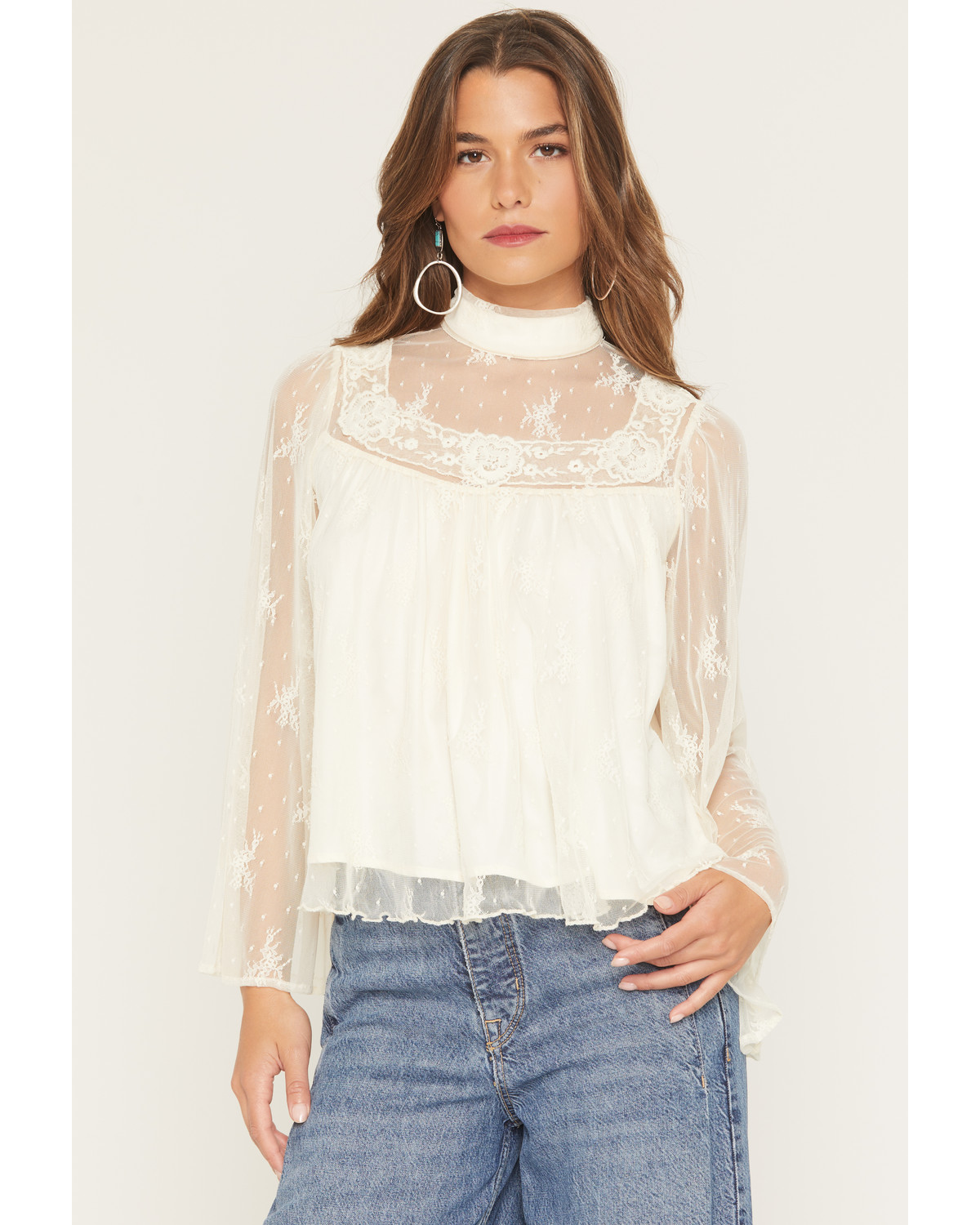 By Together Women's Mock Neck Lace Long Sleeve Top