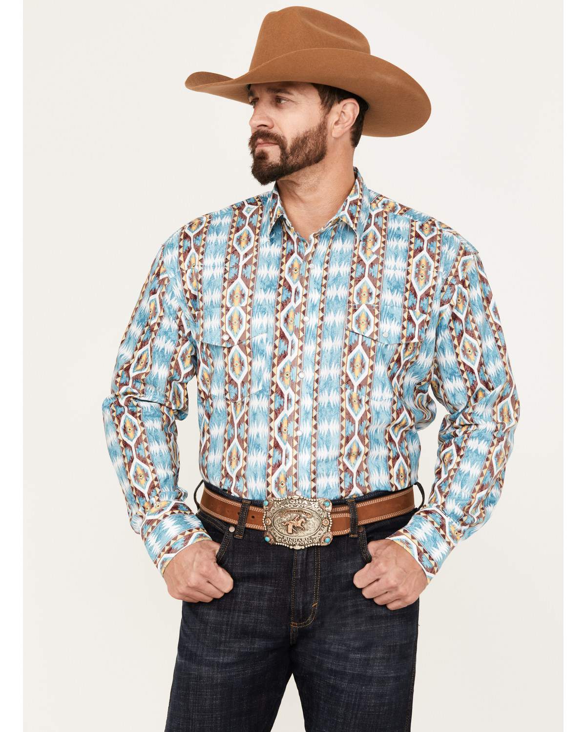 Wrangler Men's Southwestern Print Long Sleeve Pearl Snap Western Shirt