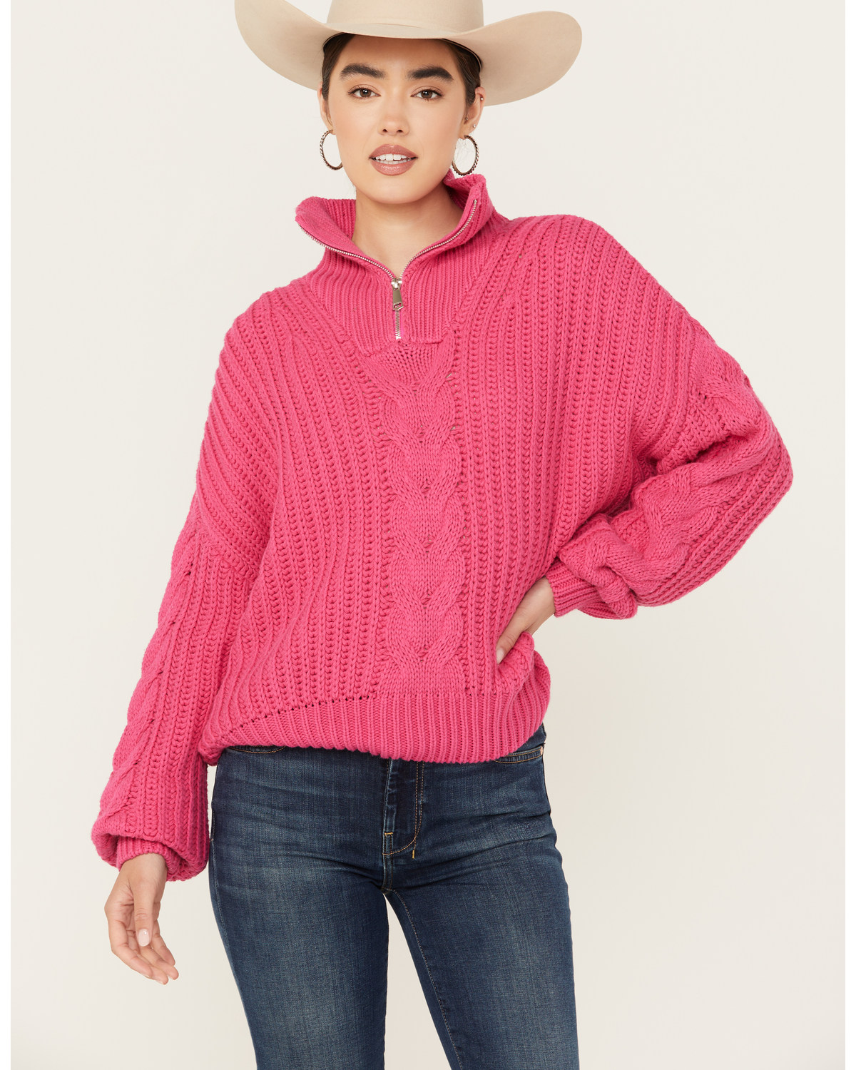 Revel Women's Quarter Zip Cable Knit Sweater
