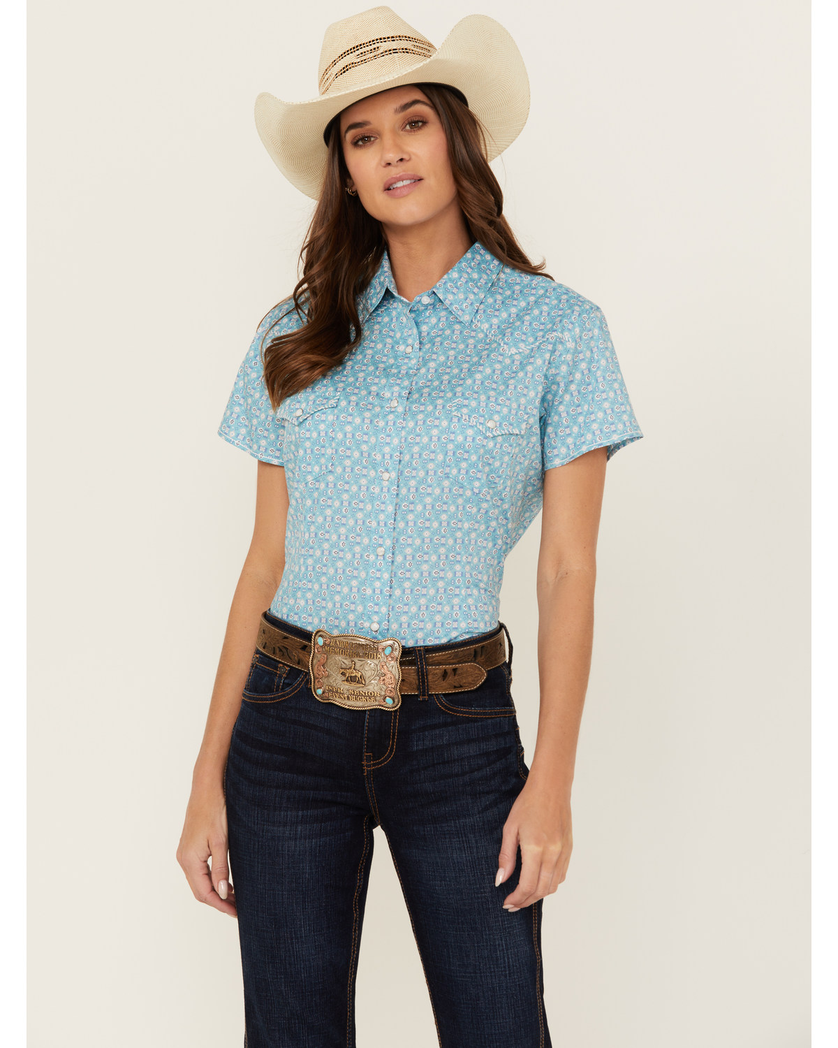Rough Stock by Panhandle Women's Southwestern Geo Print Short Sleeve Snap Stretch Western Shirt