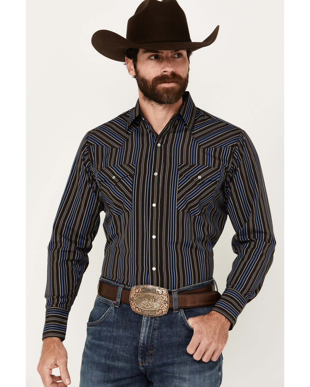 Ely Walker Men's Striped Print Long Sleeve Pearl Snap Western Shirt