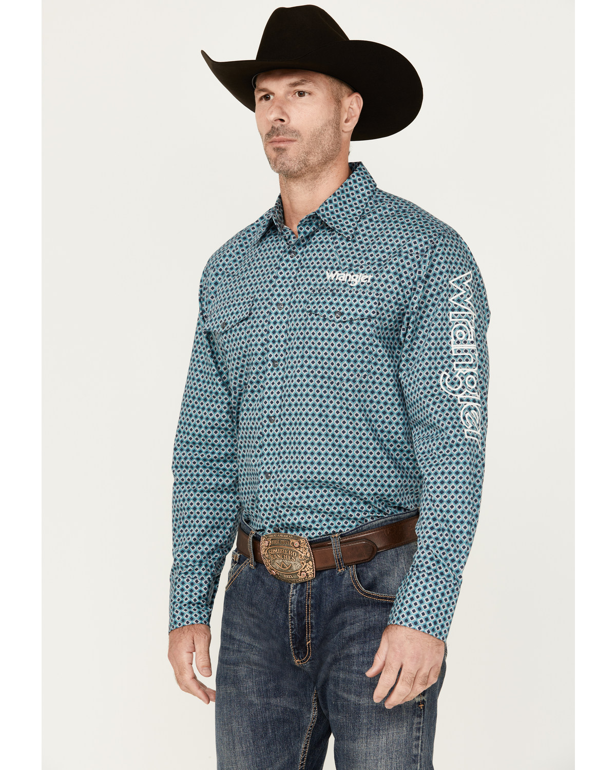Wrangler Men's Logo Geo Print Long Sleeve Western Snap Shirt