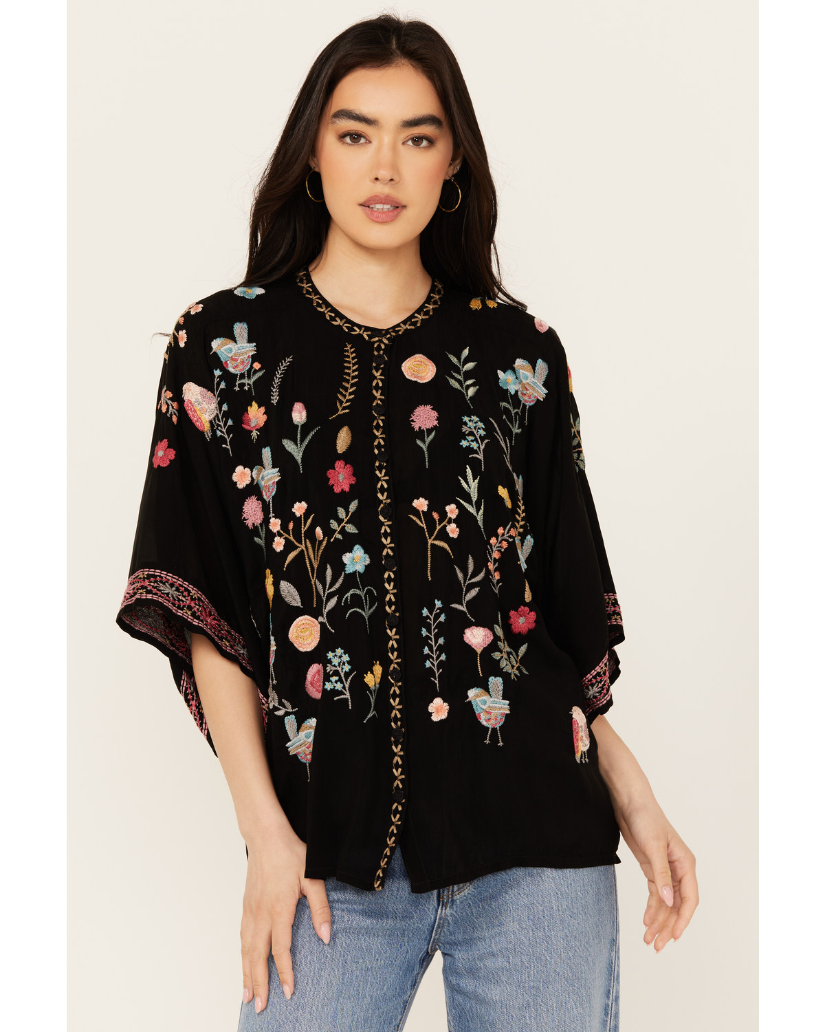 Johnny Was Women's Floral Embroidered V Neck Blouse
