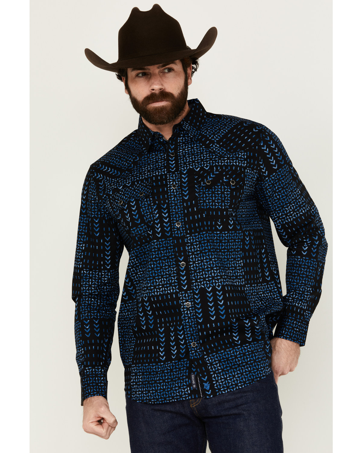 Moonshine Spirit Men's Twilight Southwestern Geo Print Long Sleeve Snap Western Shirt