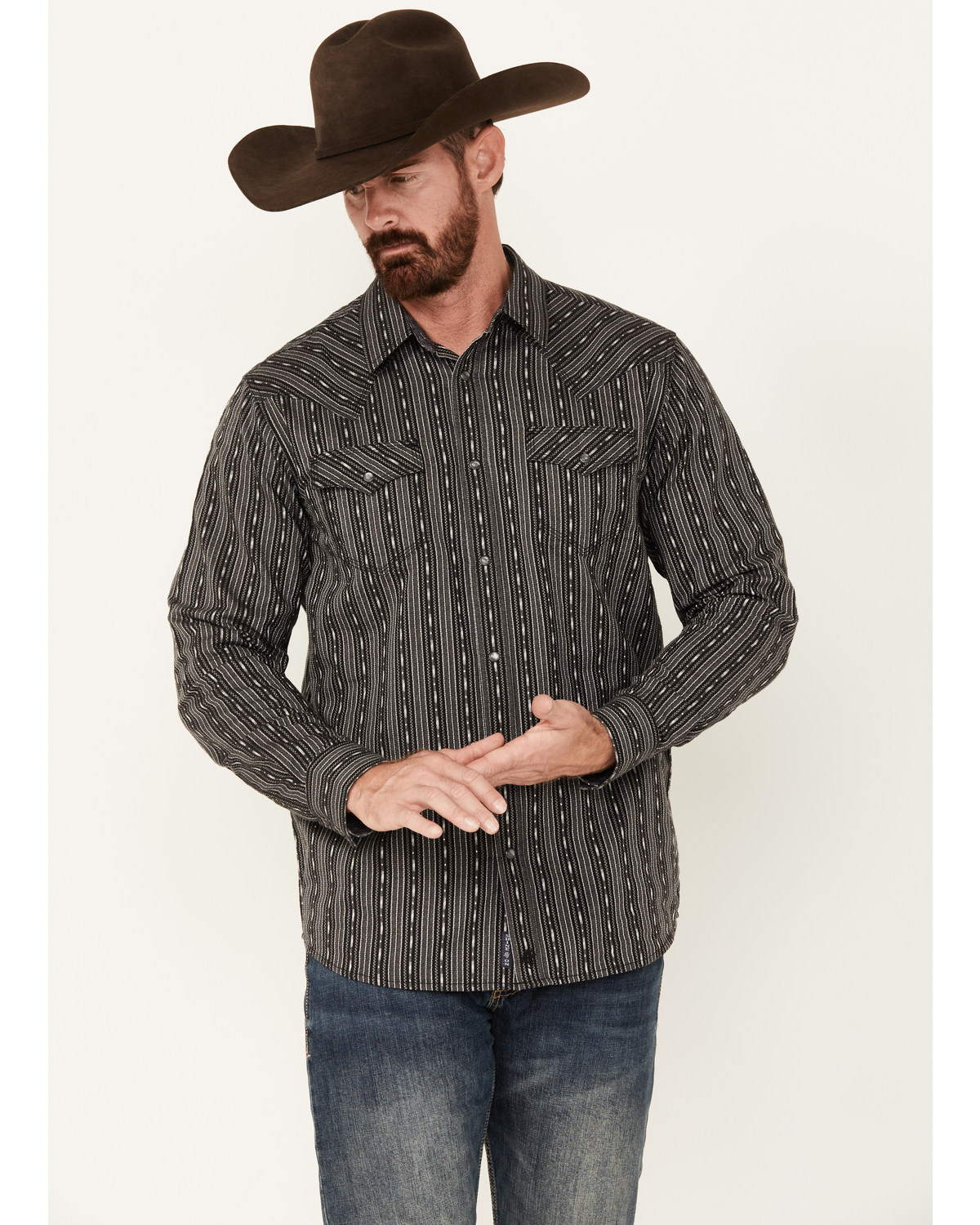 Moonshine Spirit Men's Concrete Cowboy Striped Print Long Sleeve Snap Western Shirt