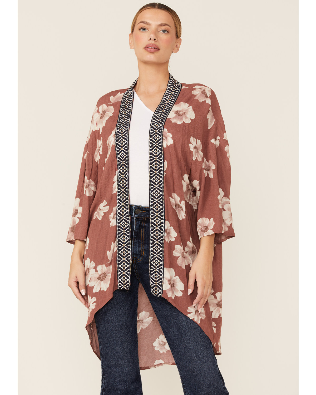 Wild Moss Women's Mauve Border Trim Floral Kimono