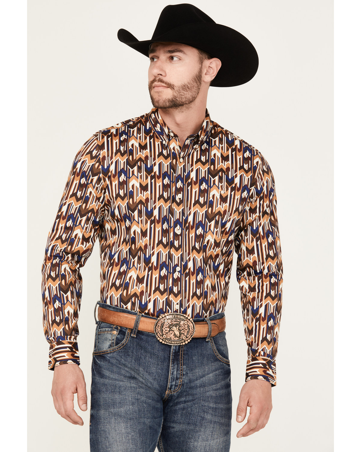 RANK 45® Men's Lockwood Geo Striped Print Long Sleeve Button-Down Stretch Western Shirt