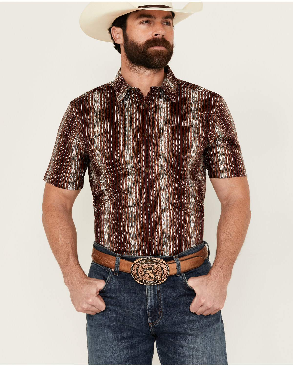 Cody James Men's Wood Cut Southwestern Striped Short Sleeve Button-Down Stretch Western Shirt