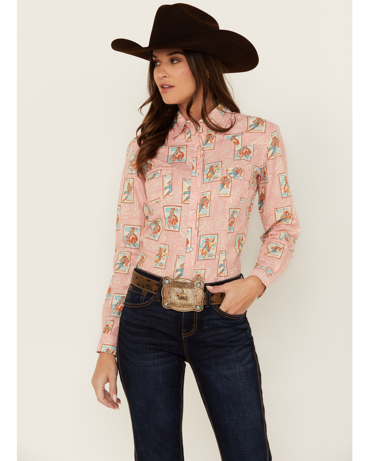 Panhandle Women's Rodeo Poster Print Long Sleeve Pearl Snap Western Shirt