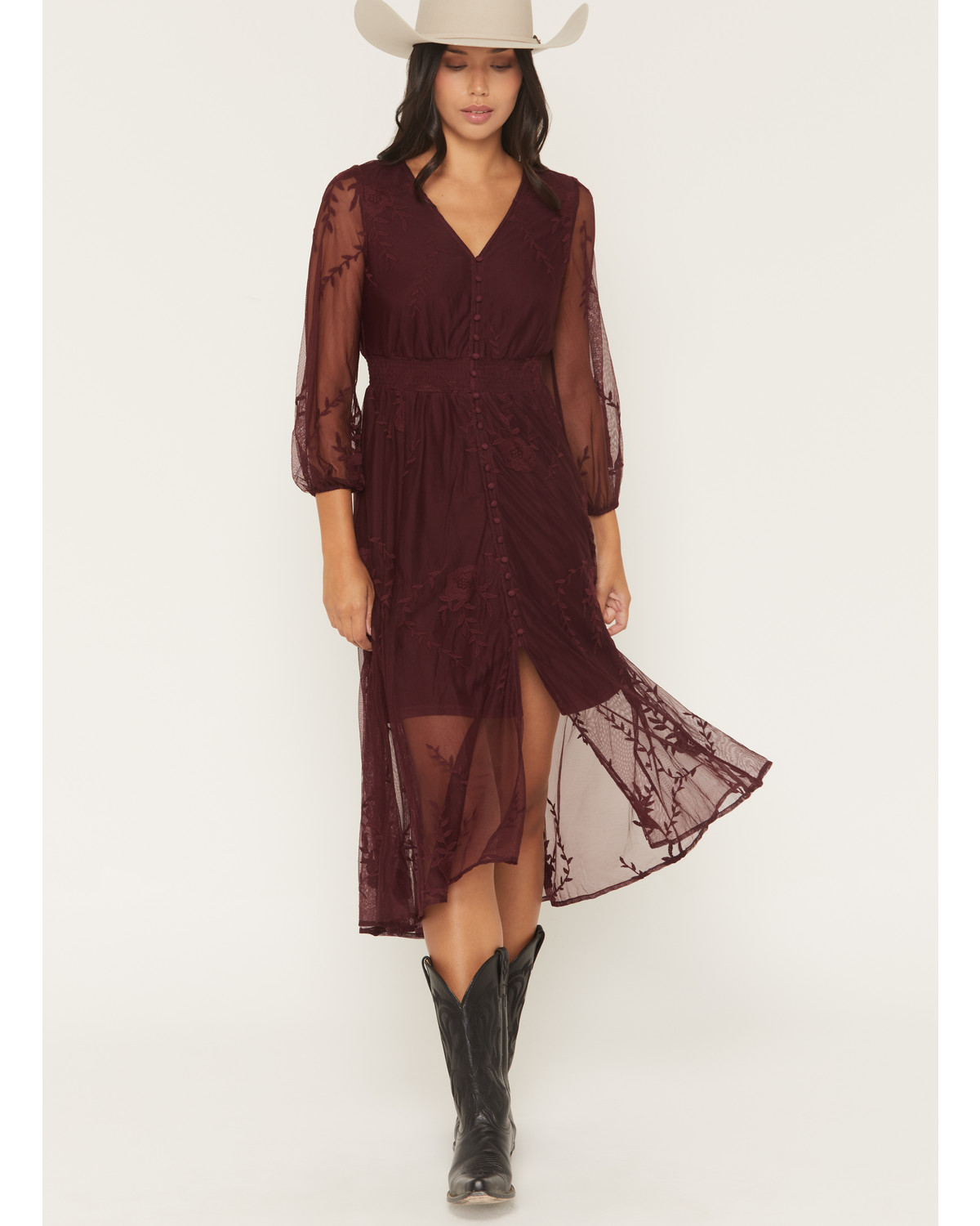 Shyanne Women's Hillside Floral Embroidered Long Sleeve Button-Down Mesh Midi Dress