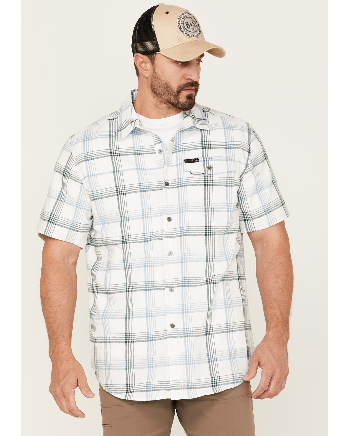 ATG by Wrangler Men's All-Terrain Hemp Utility Plaid Denim Short Sleeve Shirt