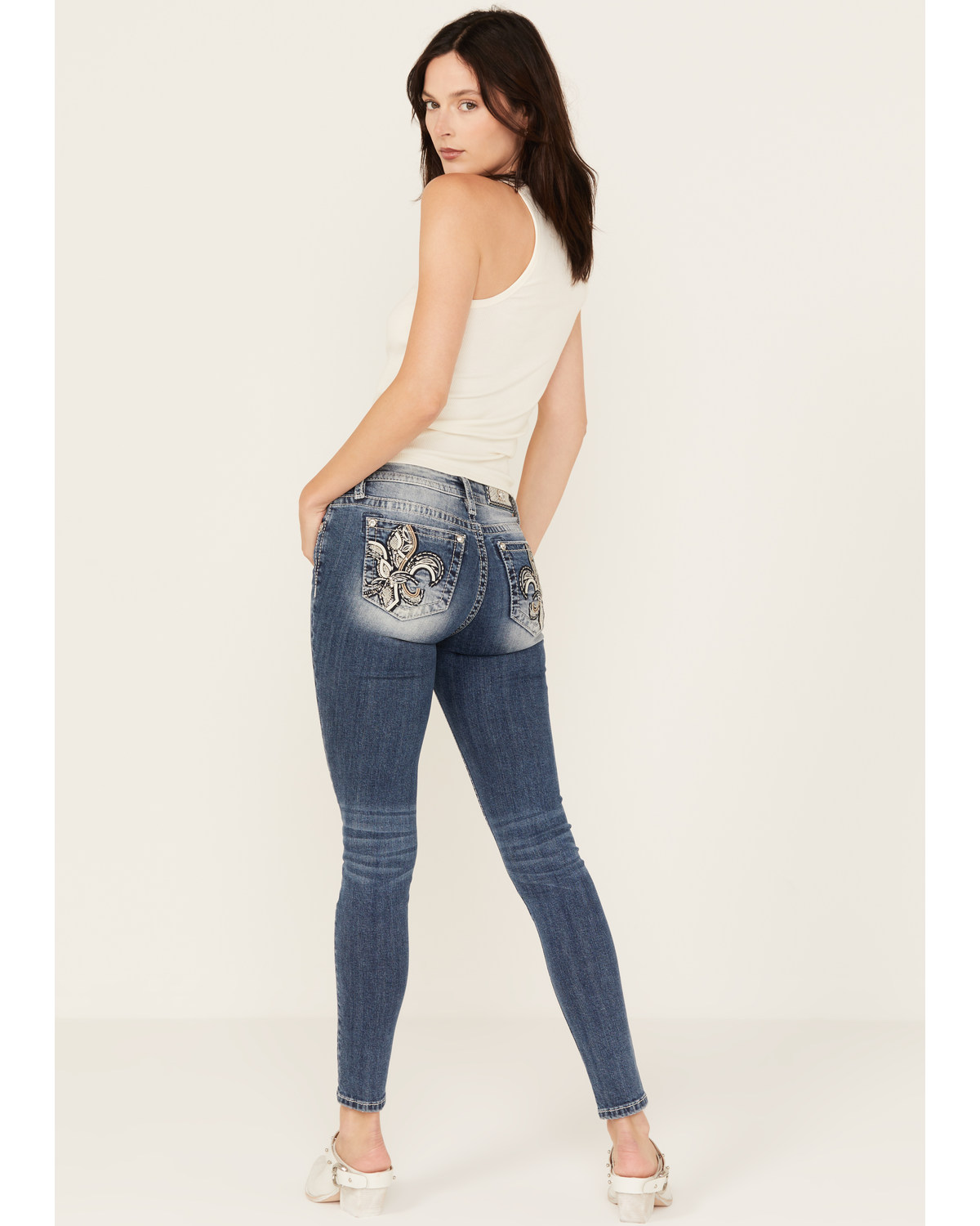 Miss Me Women's Medium Wash Mid Rise Sequins Fleur de Lis Stretch Skinny Jeans