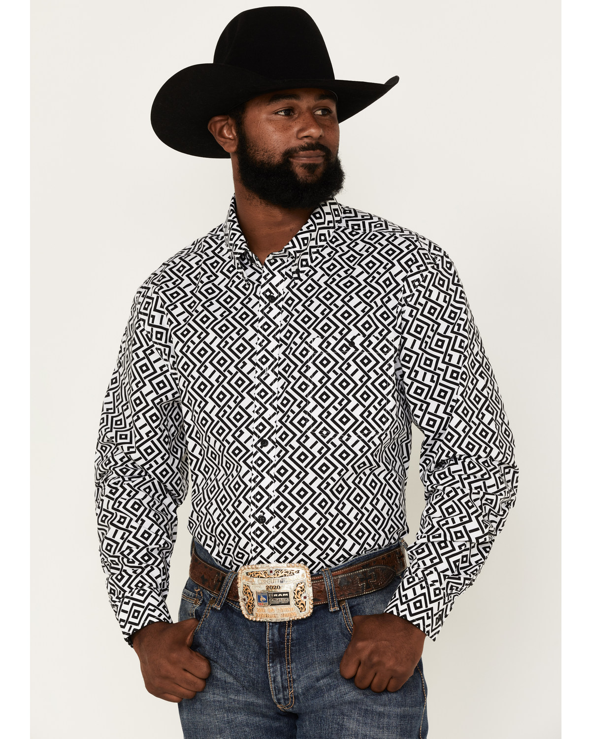RANK 45® Men's Dillinger Geo Print Long Sleeve Button-Down Stretch Western Shirt