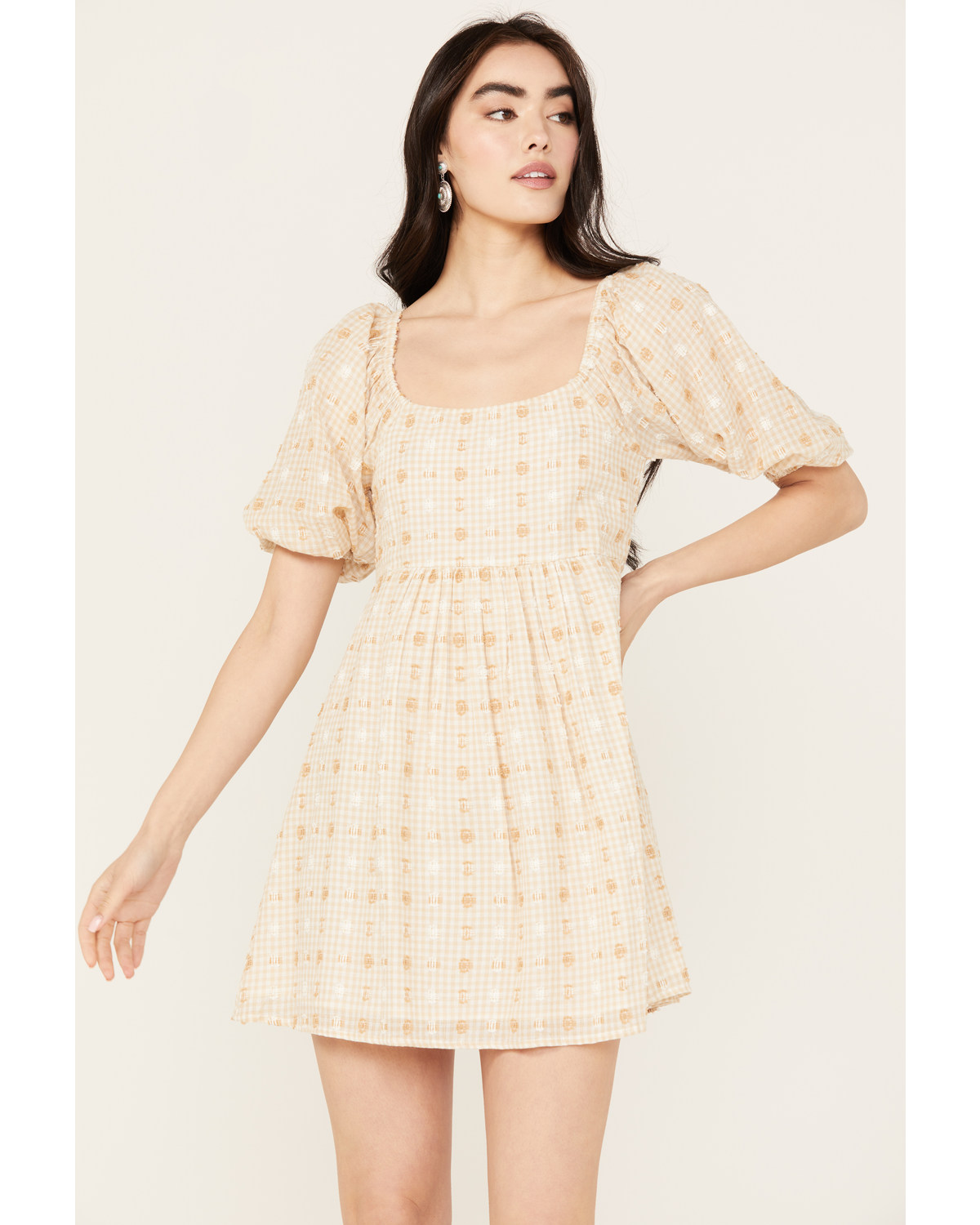 En Creme Women's Gingham and Dot Print Short Sleeve Mini Dress