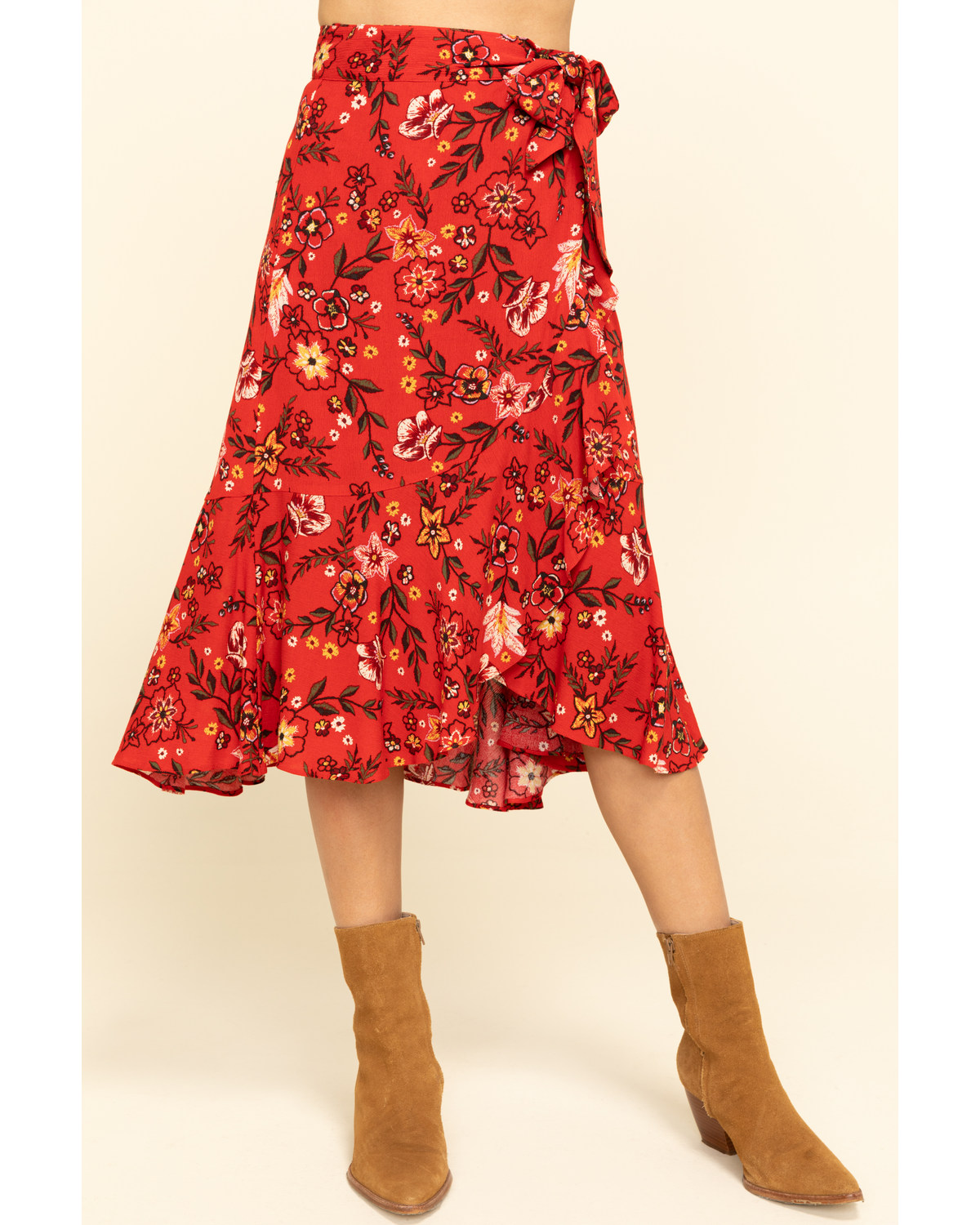 red floral midi skirt