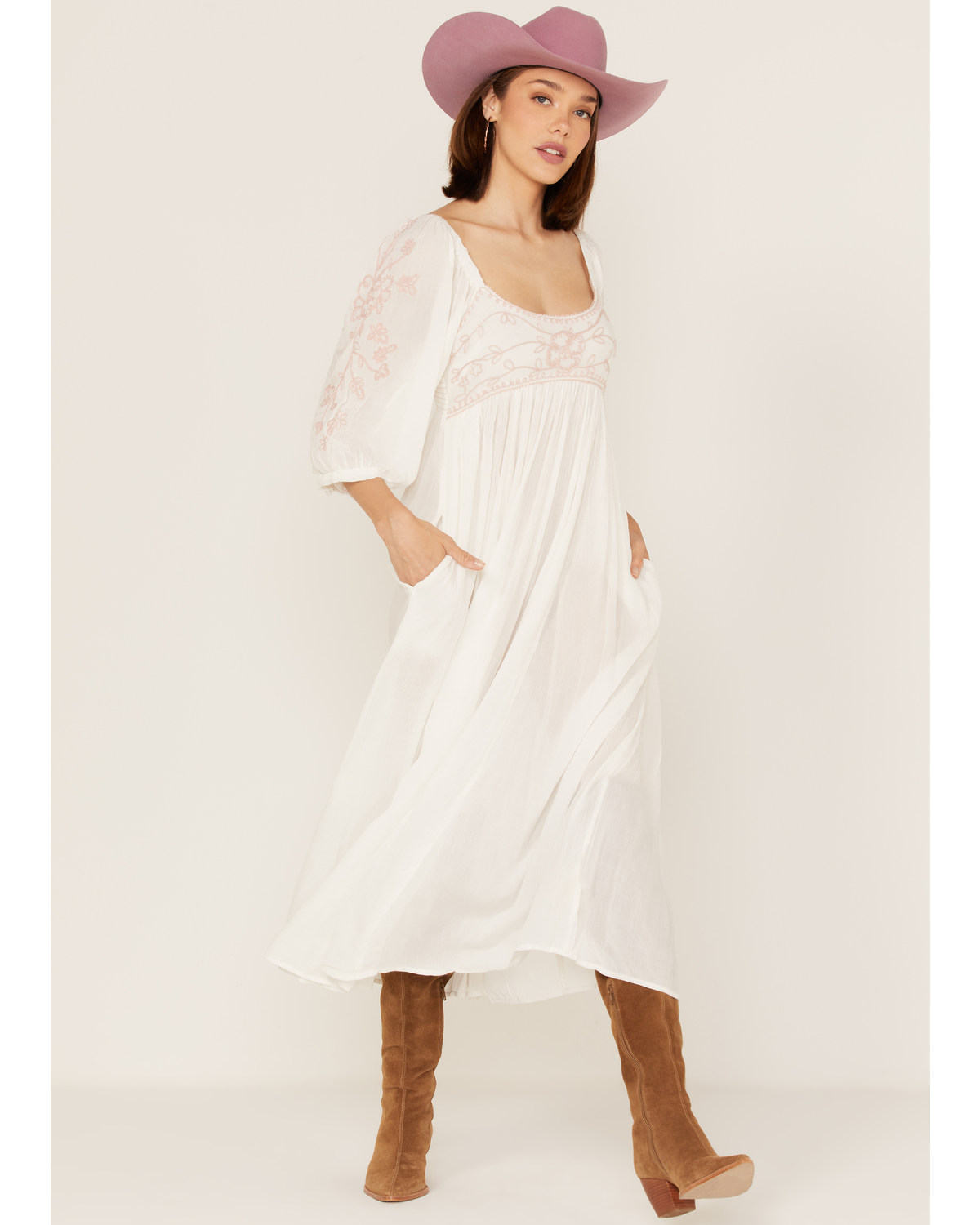 Free People Women's Wedgewood Embroidered Long Puff Sleeve Midi Dress