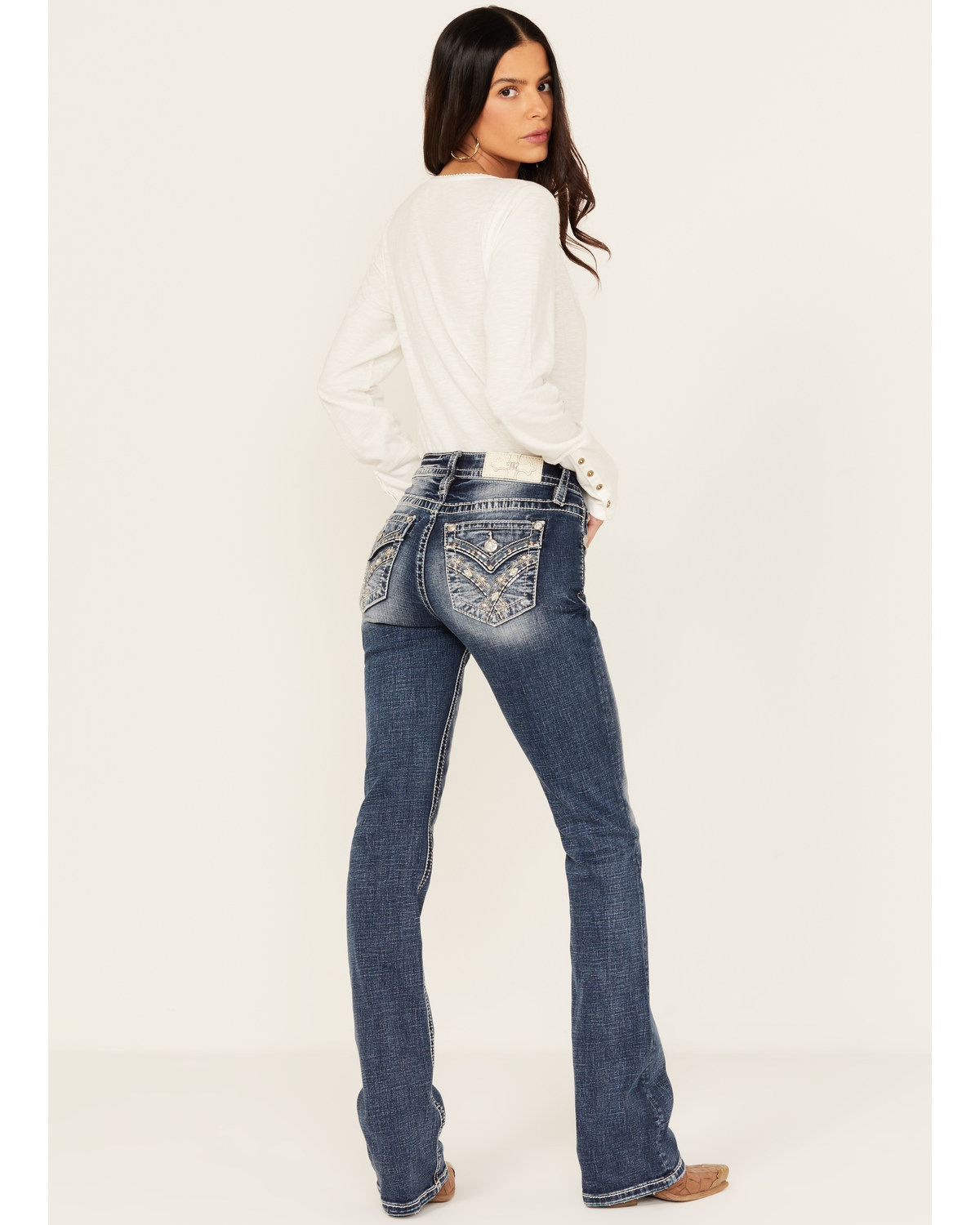 Miss Me Women's Dark Wash Mid Rise Faux Flap Pocket Bootcut Stretch Denim Jeans