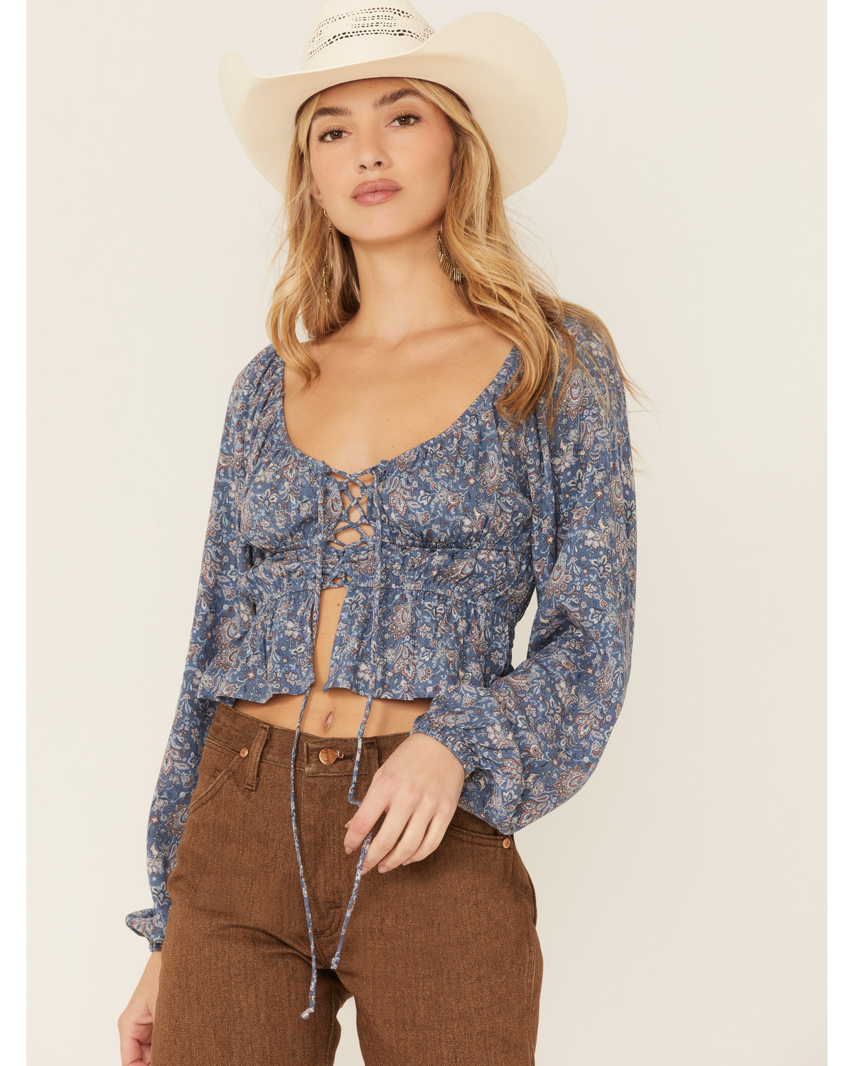 Wild Moss Long Sleeve Tie Front Ranched Floral Top