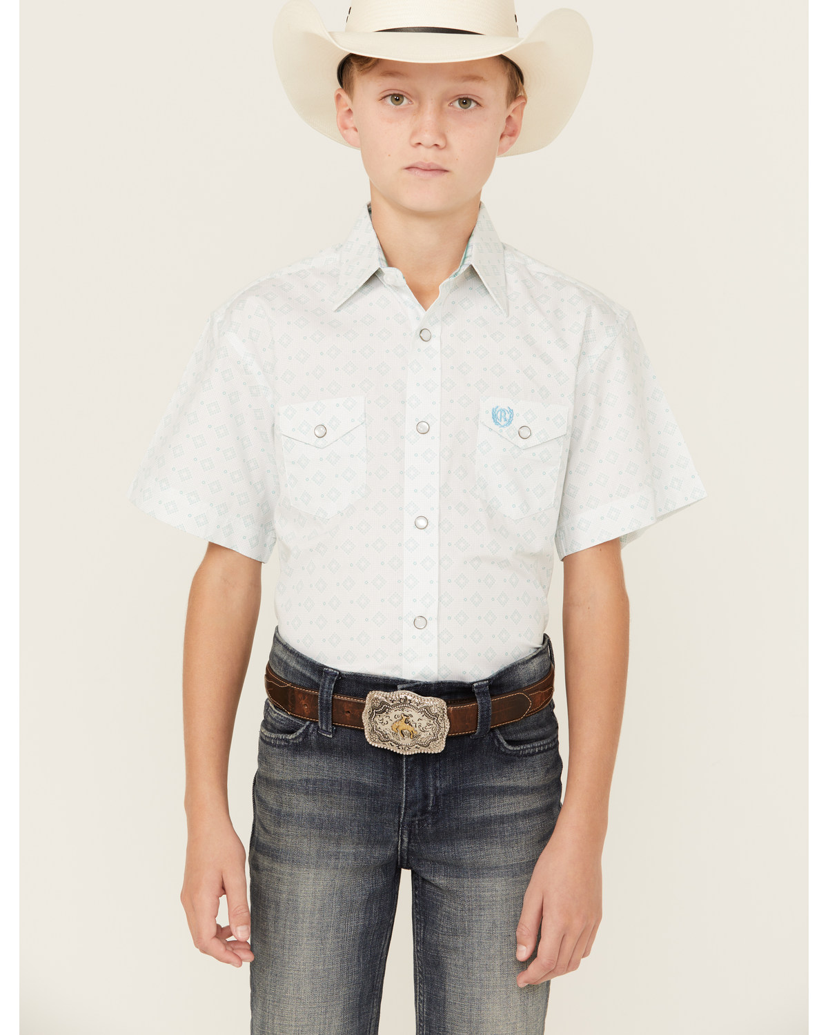 Panhandle Boys' Geo Print Short Sleeve Pearl Snap Western Shirt
