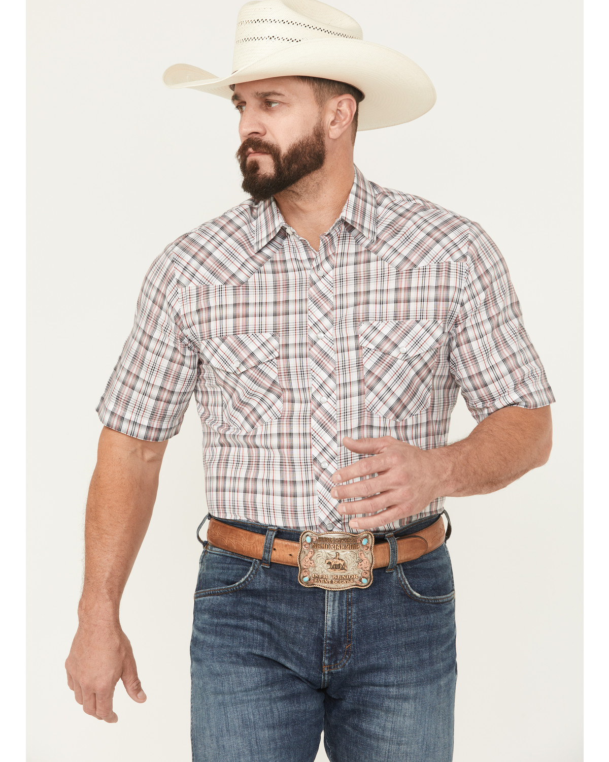Roper Men's Plaid Print Short Sleeve Snap Stretch Western Shirt