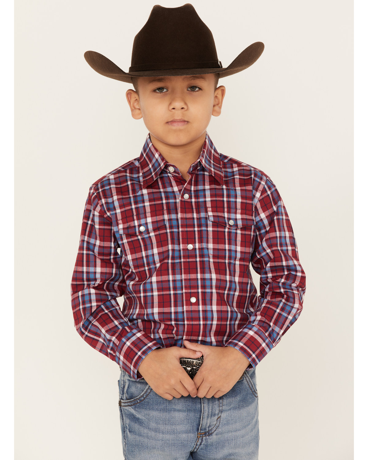 Wrangler Boys' Plaid Print Long Sleeve Western Pearl Snap Shirt