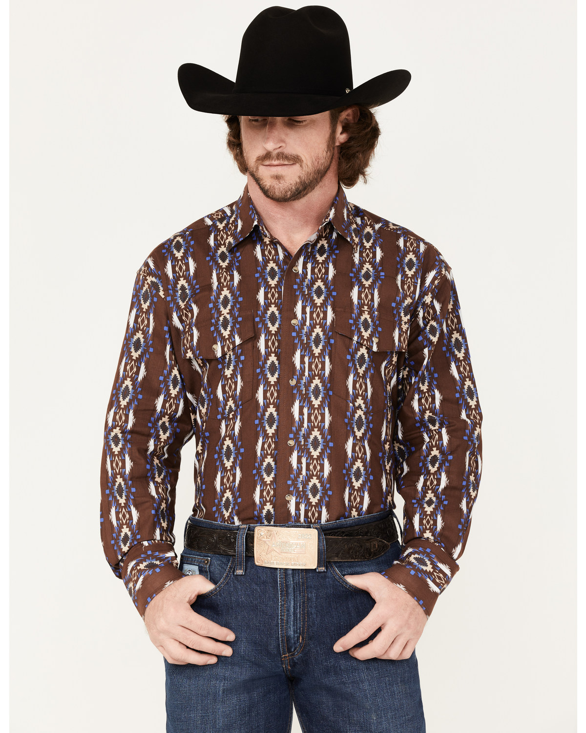 Wrangler Men's Checotah Southwestern Stripe Long Sleeve Snap Western Shirt