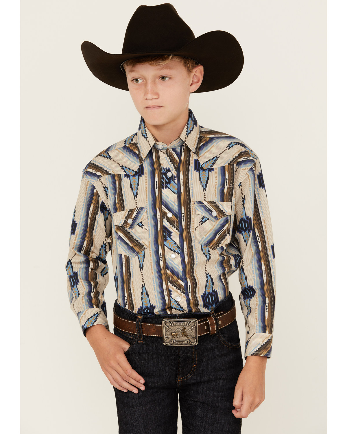 Rock & Roll Denim Boys' Southwestern Striped Print Long Sleeve Vintage Snap Western Shirt