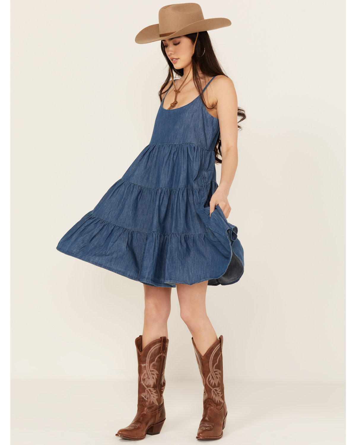 Wrangler Women's Denim Strappy Tiered Mini Dress