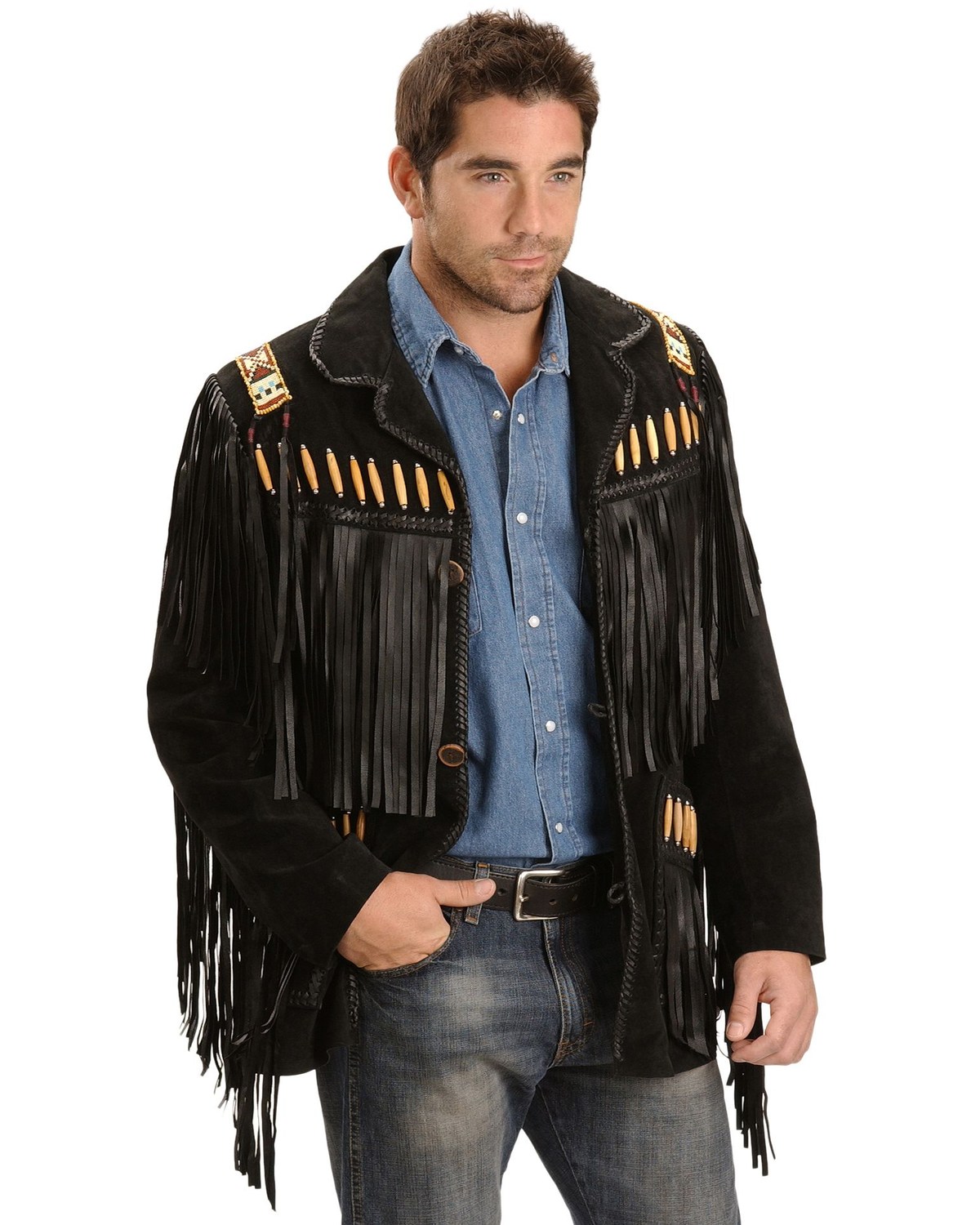 Scully Men's Bone Beaded Fringe Leather Jacket