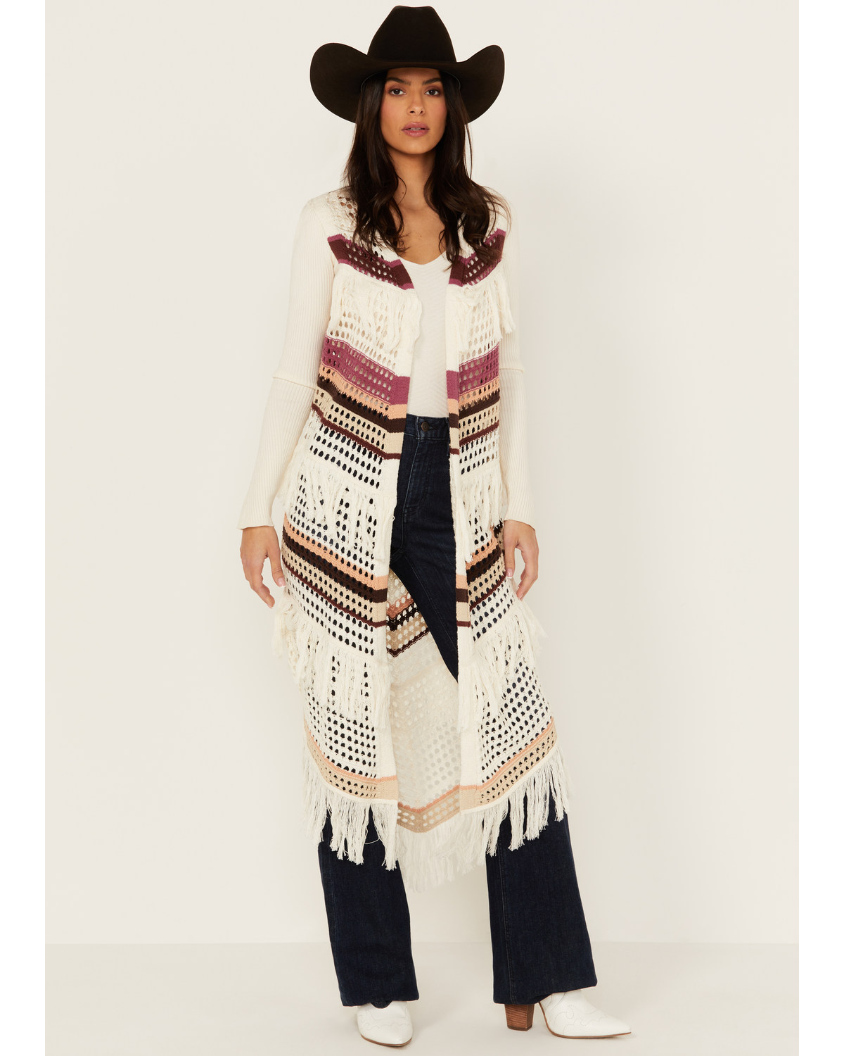 Shyanne Women's Long Striped Crochet Fringe Sweater Vest