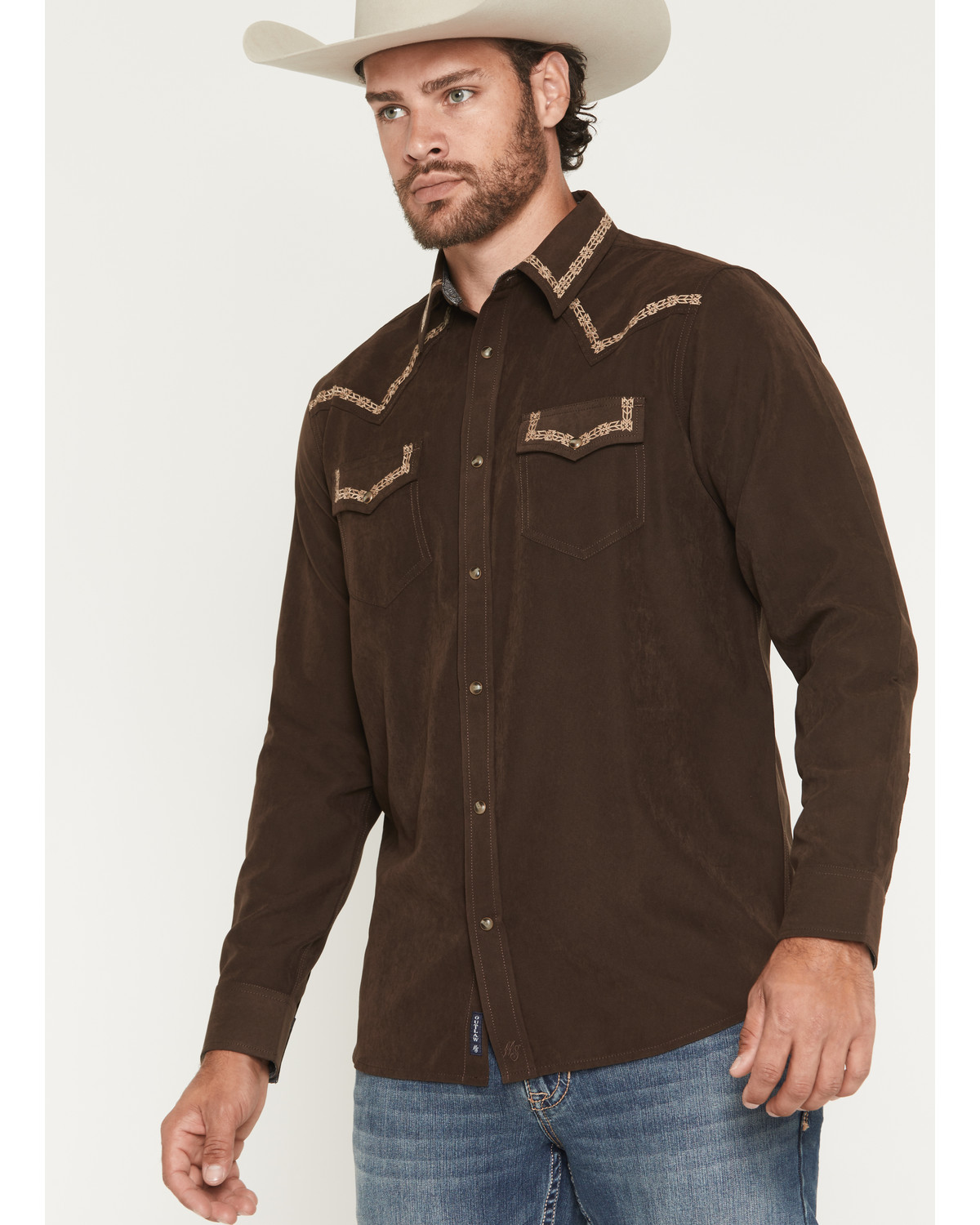 Moonshine Spirit Men's Front Stage Embroidered Solid Long Sleeve Snap Western Shirt