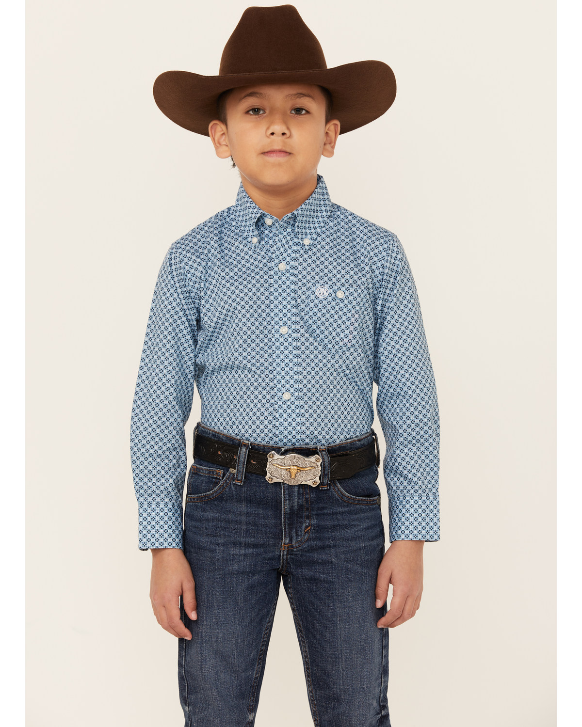 Wrangler Boys' Geo Print Long Sleeve Button-Down Western Shirt