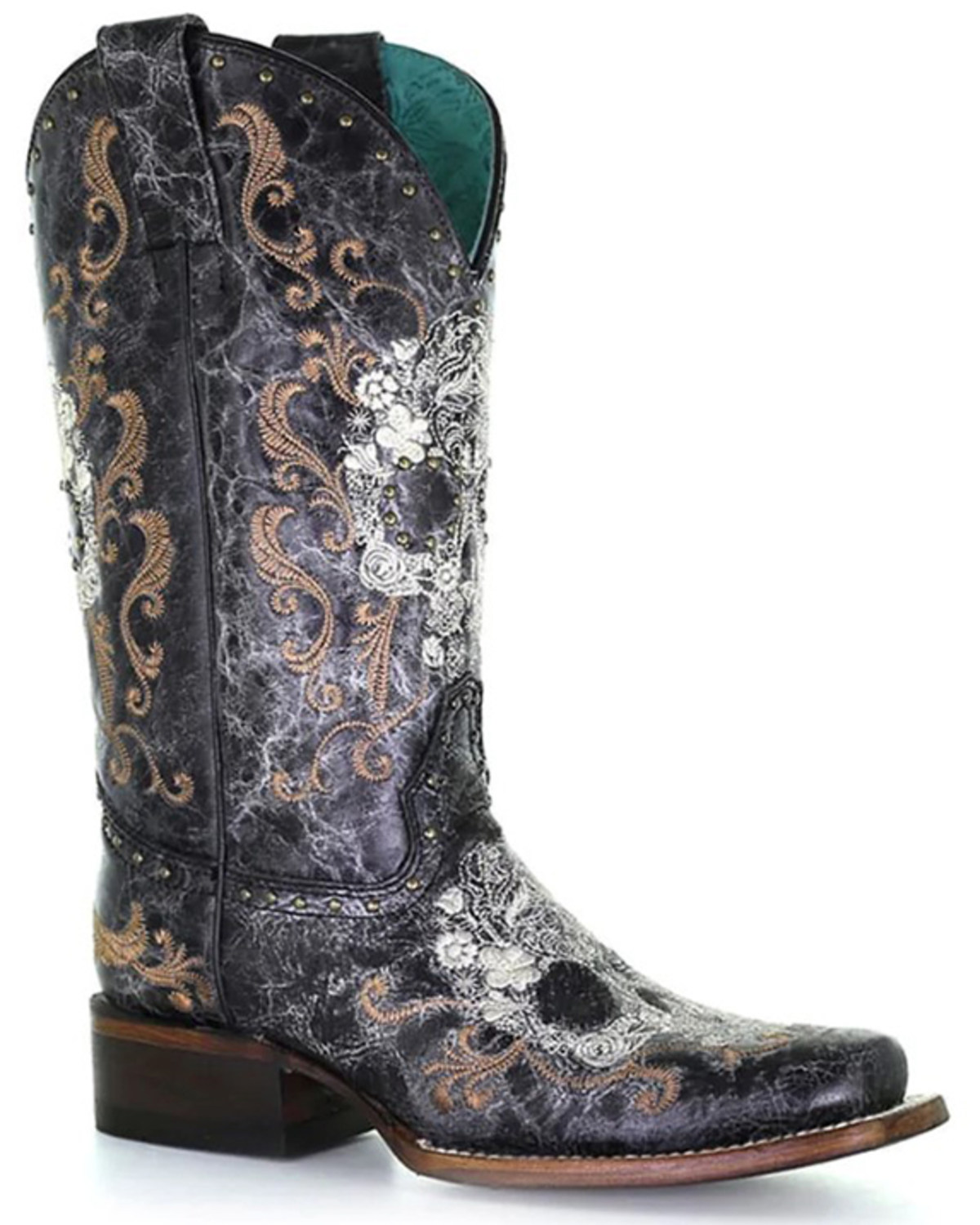 Corral Women's Floral Skull Embroidery & Studs Western Boots - Square Toe