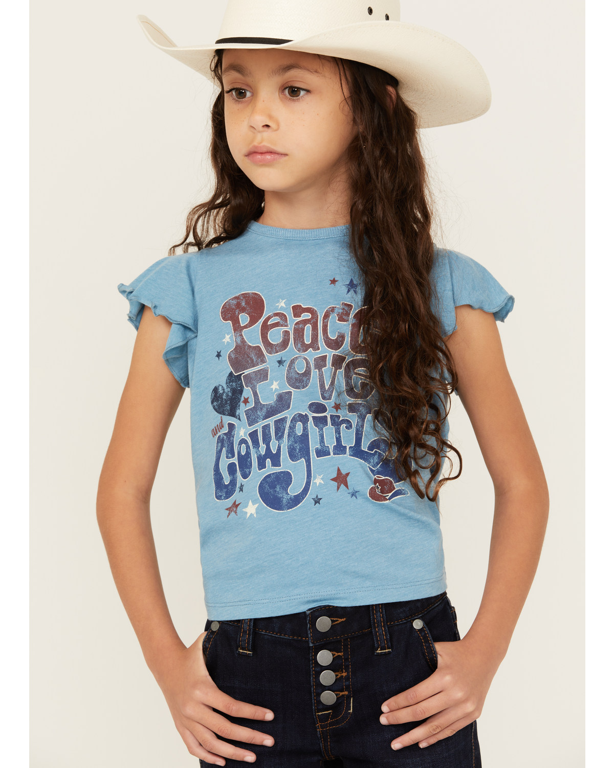 Shyanne Girls' Peace Love Cowgirls Flutter Sleeve Graphic Tee