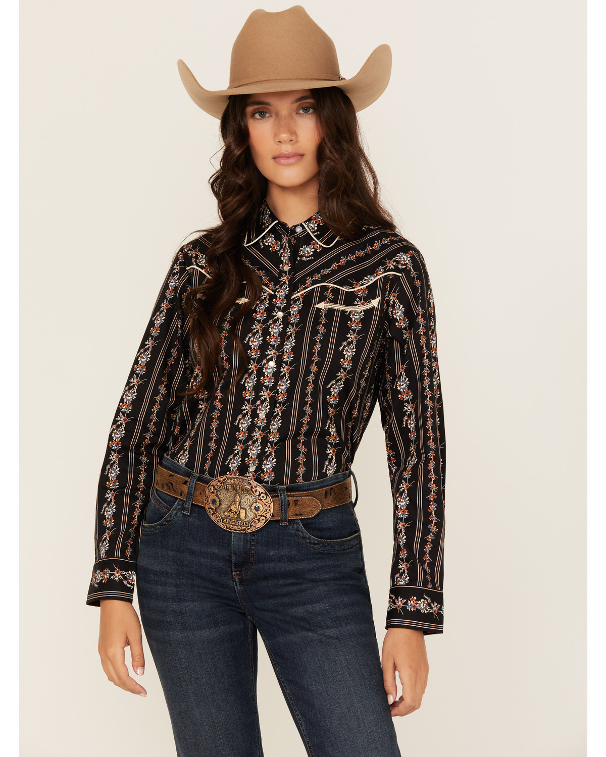 Ely Walker Women's Floral Wallpaper Print Long Sleeve Snap Stretch Western Shirt