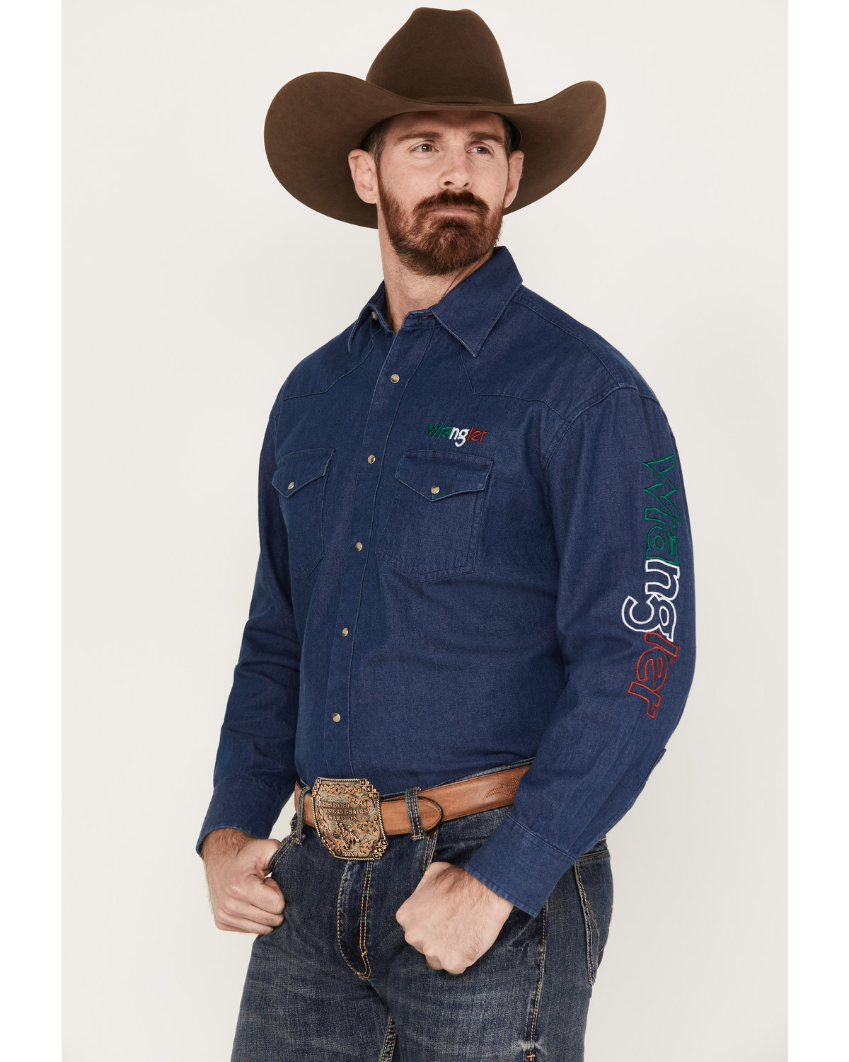 Wrangler Men's Mexico Flag Embroidered Logo Long Sleeve Western Snap Shirt