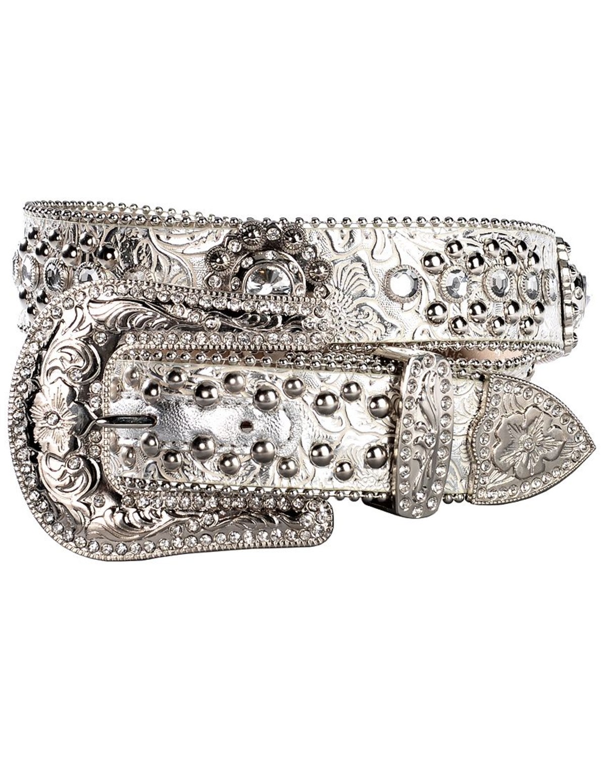 Blazin Roxx Floral Concho & Crystal Metallic Silver Leather Belt