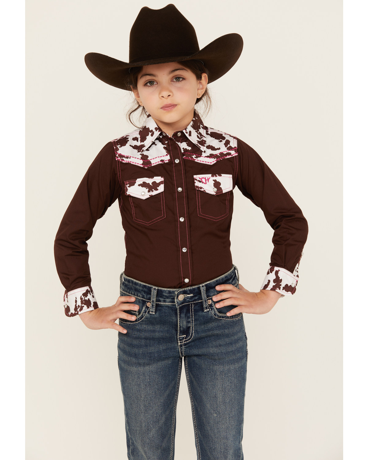 Cowgirl Hardware Girls' Cow Print Yoke Long Sleeve Snap Western Shirt