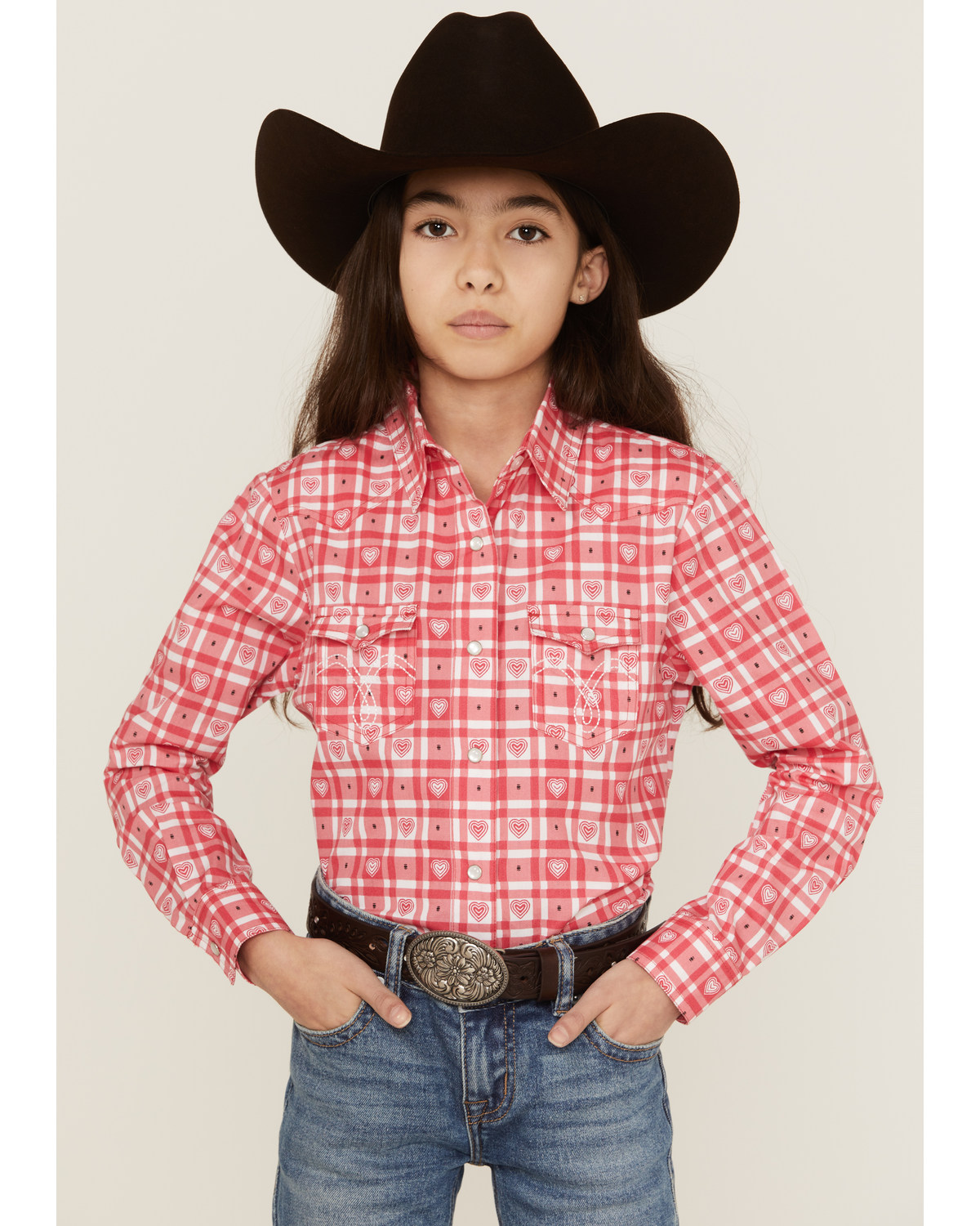 Panhandle Girls' Heart Plaid Print Long Sleeve Pearl Snap Western Shirt