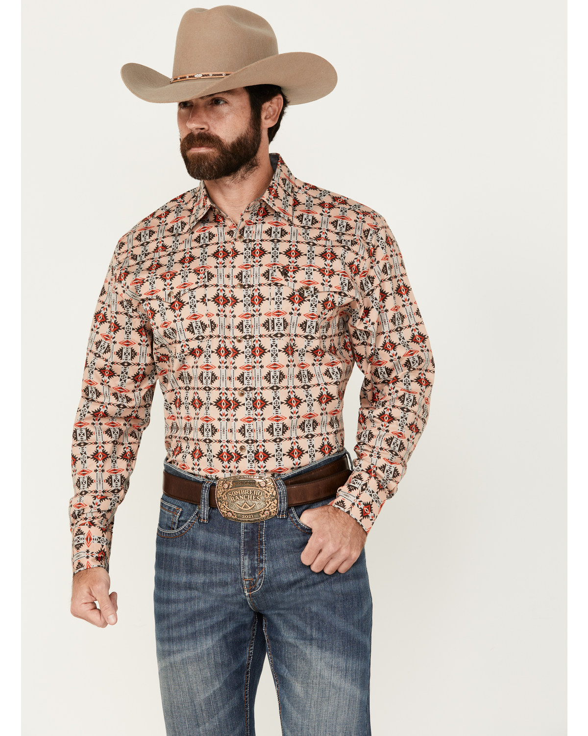 Rodeo Clothing Men's Southwestern Print Long Sleeve Snap Stretch Western Shirt