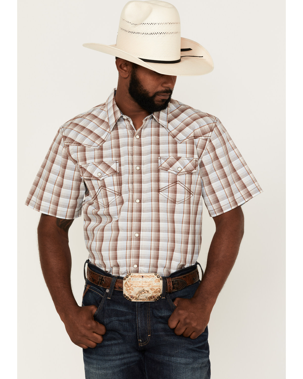 Cody James Men's Mount Vernon Small Plaid Short Sleeve Pearl Snap Western Shirt