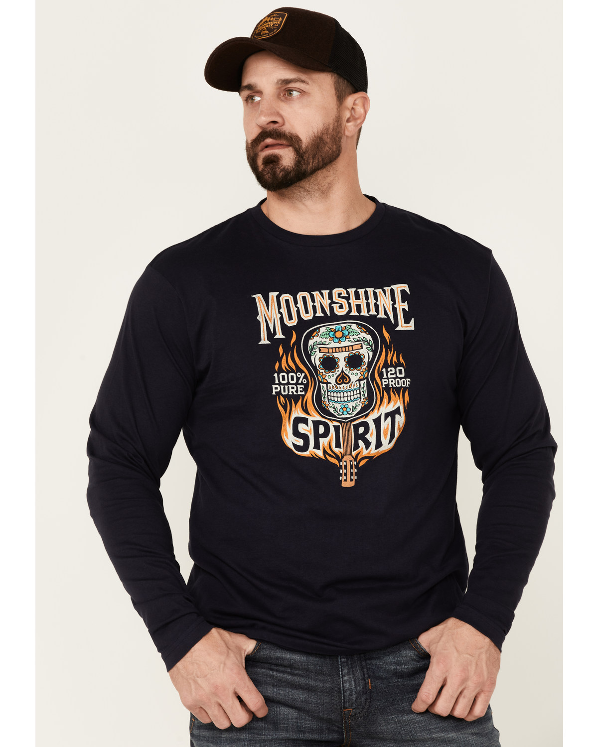 Moonshine Spirit Men's Guitar Fire Skull Graphic Long Sleeve T-Shirt