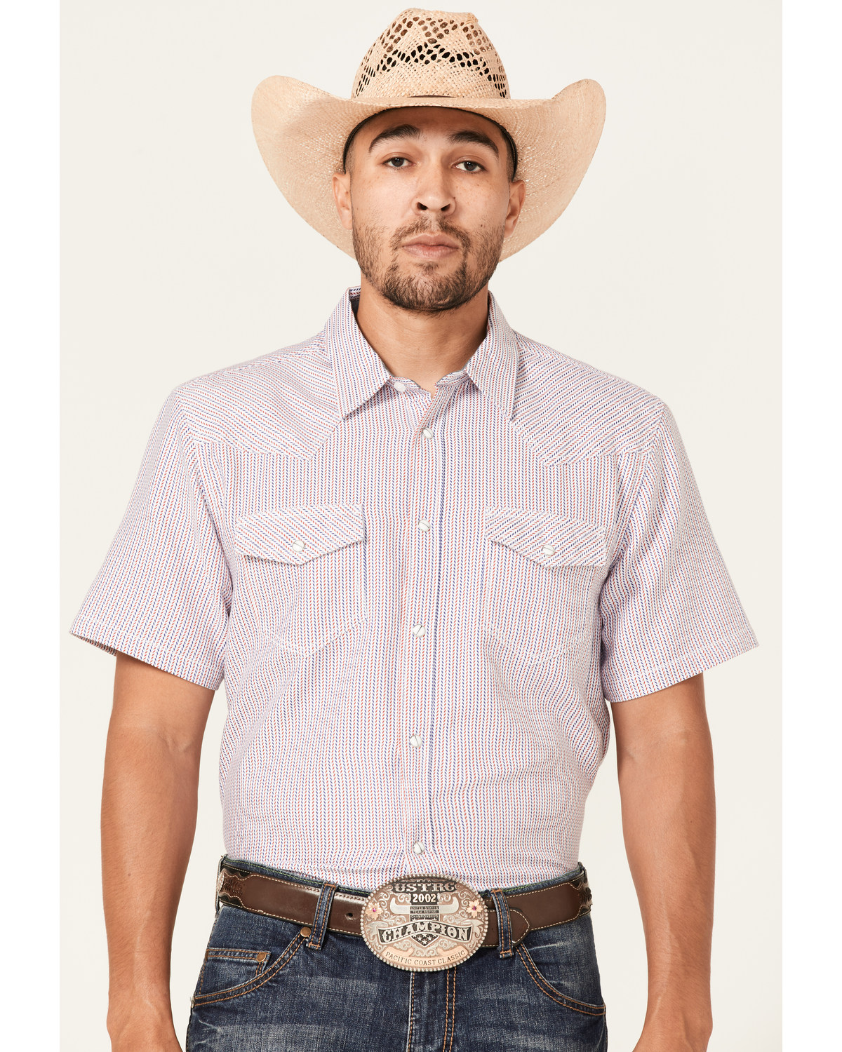 Cody James Men's Redfield Dobby Stripe Print Short Sleeve Snap Western Shirt
