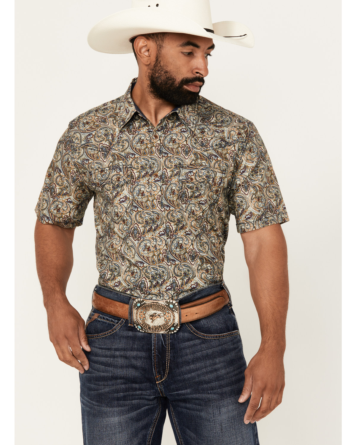 Cody James Men's Down The Road Paisley Print Short Sleeve Snap Western Shirt