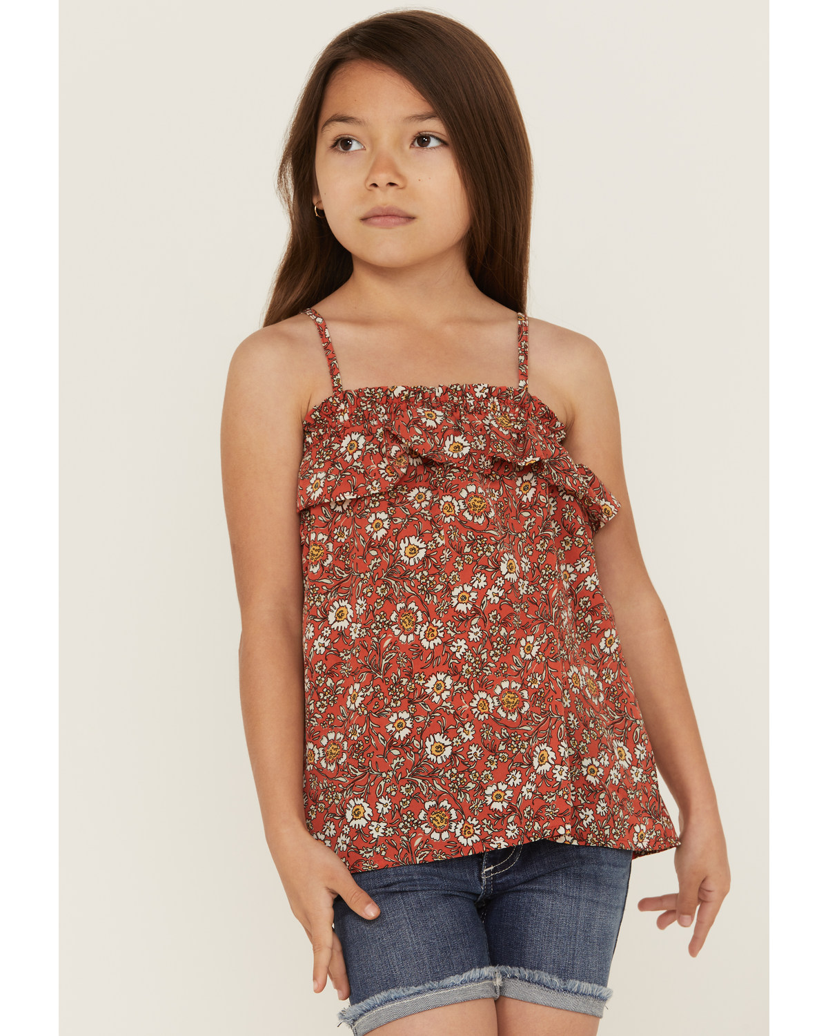 Hayden Girls' Floral Print Coral Ruffle Top