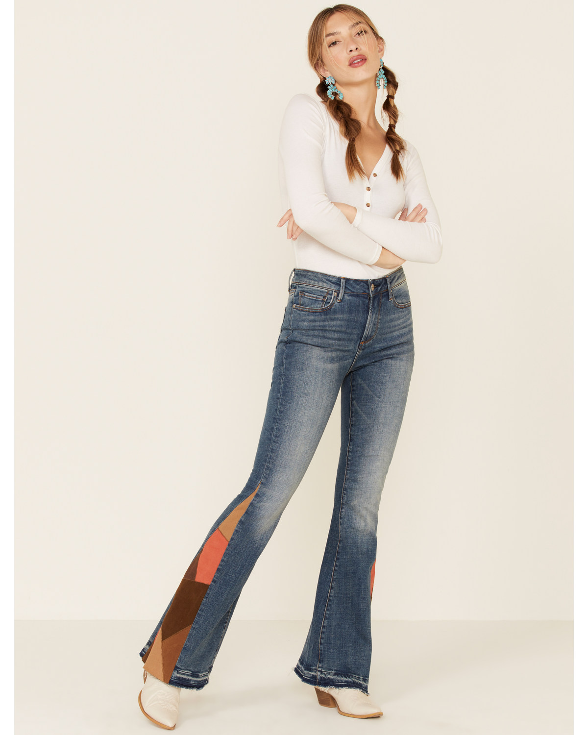Driftwood Women’s Medium Wash Suede Patchwork Flare Jeans | Boot Barn