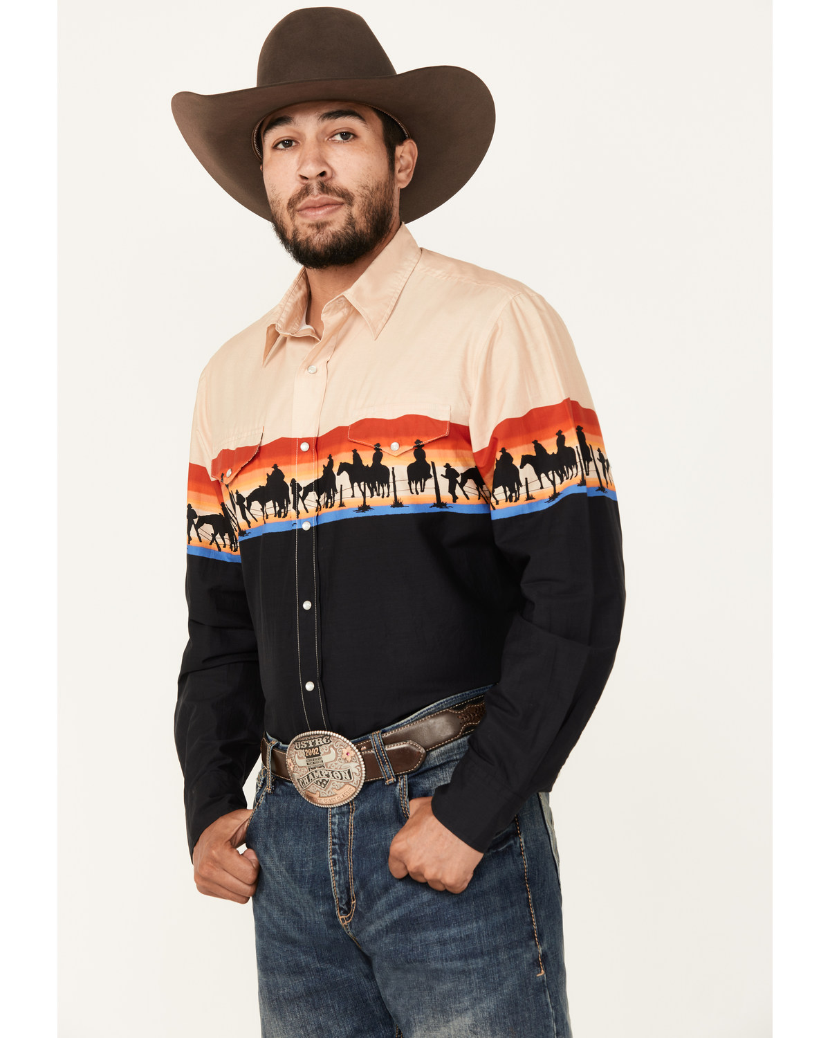 Roper Men's Vintage Cowboy Print Long Sleeve Pearl Snap Western Shirt