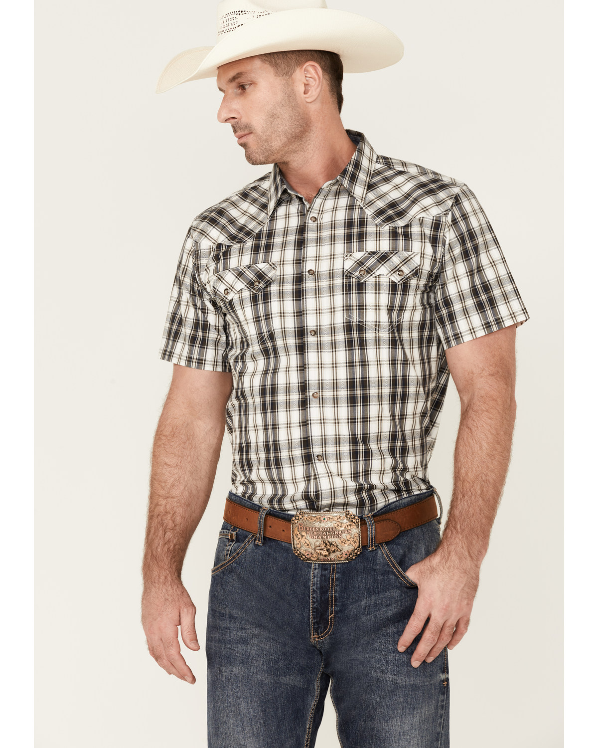 Cody James Men's Statement Dobby Plaid Short Sleeve Snap Western Shirt