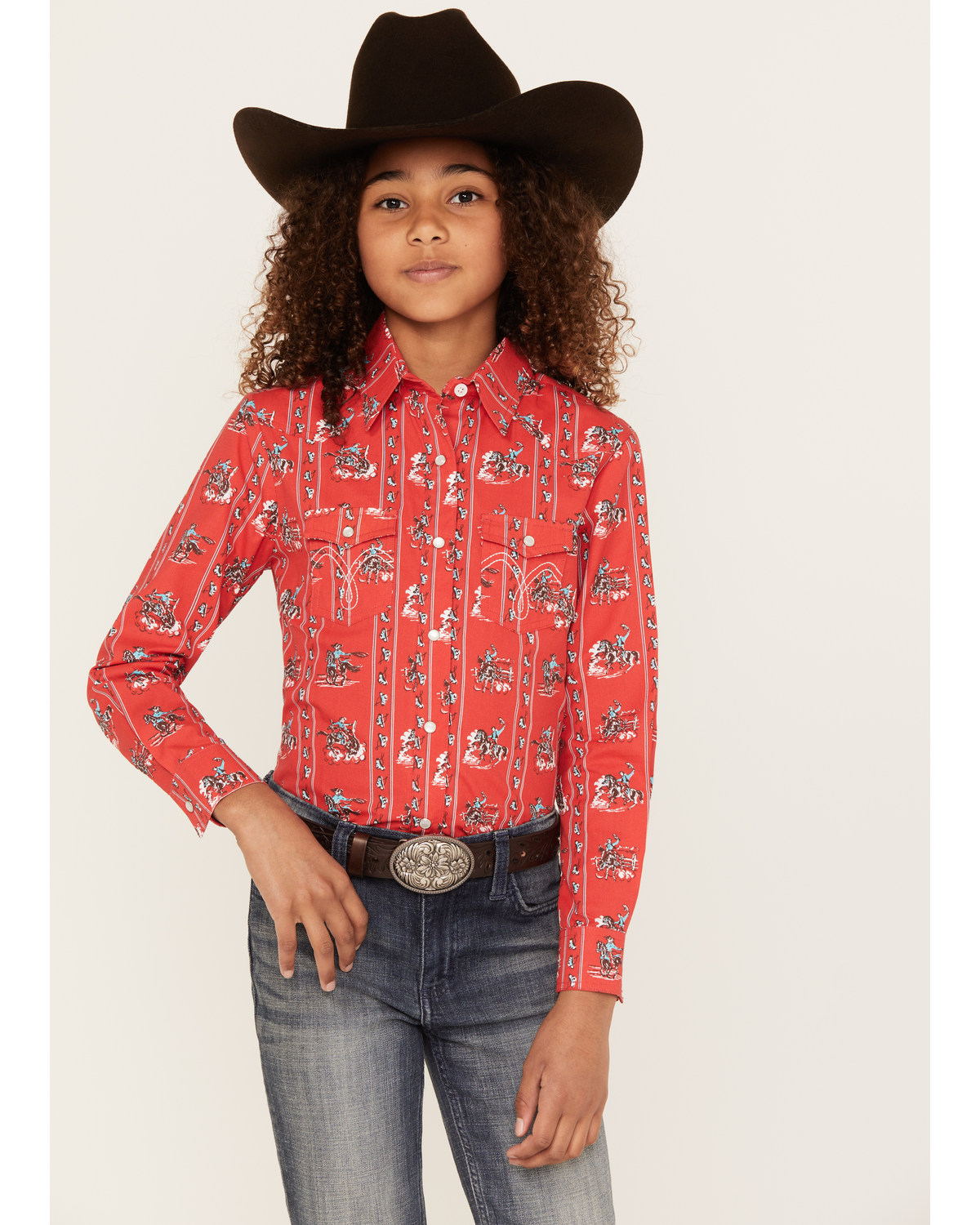 Panhandle Girls' Striped Cowboy Print Long Sleeve Pearl Snap Western Shirt
