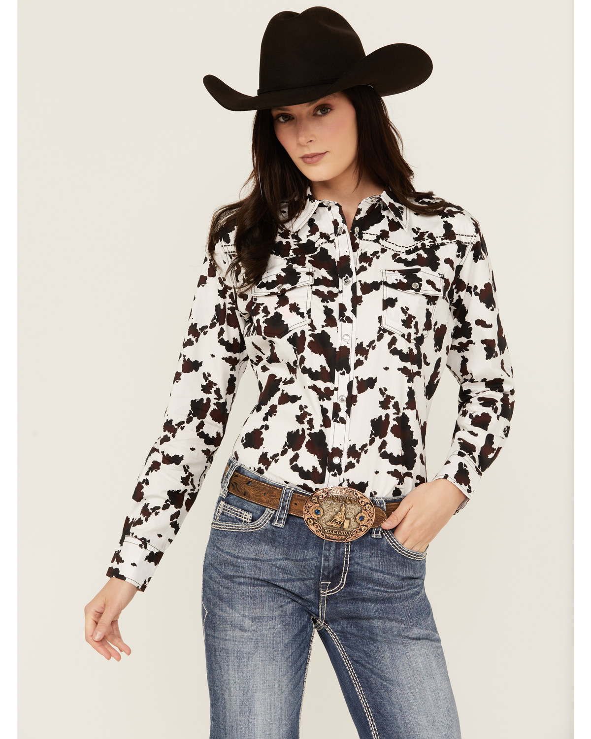 Cowgirl Hardware Women's Cow Print Snap Long Sleeve Western Shirt